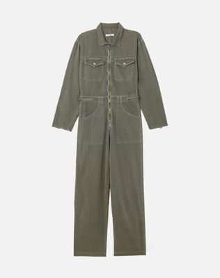 Zip Front Military Jumpsuit - Washed Military