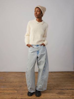 Bouclé Collared Long Sleeve Ruben Tee - Calcite