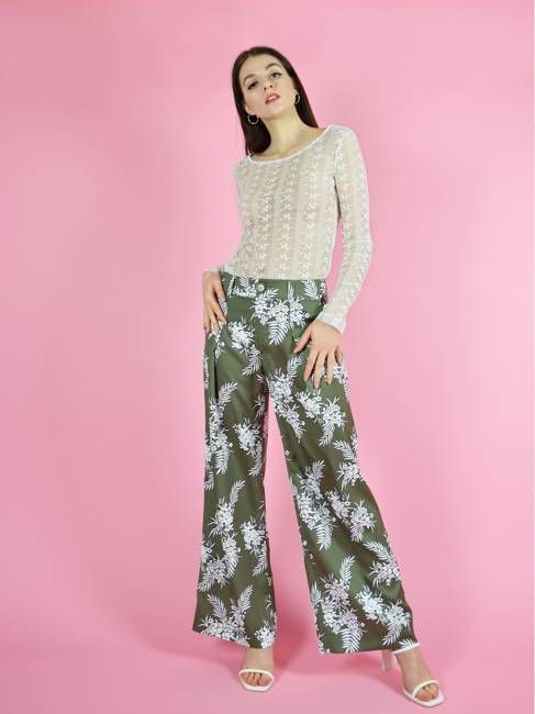 Girlboss Wide Leg Trousers, Upcycled Polyester, in Green & White Print