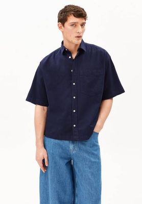 KURZARMHEMD AUS BAUMWOLLLINO | marineblau getönt