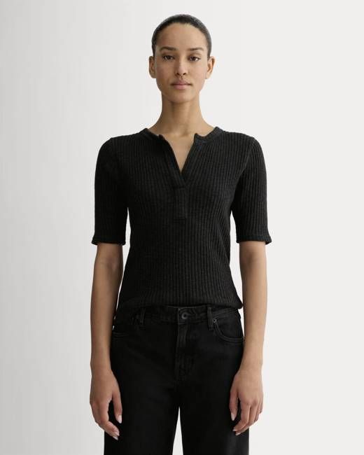 The Rib-Knit Short-Sleeve Henley | Black