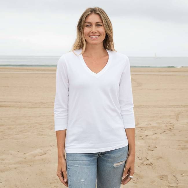 Womens 3/4 Sleeve V-Neck - White