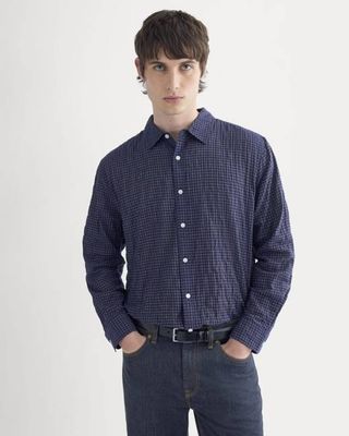Textured Voile Button-Up Shirt | Navy Plaid