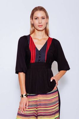 Luisa Upcycled Top (from Dress) with Indigenous Front Yoke, Black