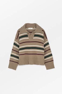 Paul V-neck jumper - Light brown/green/wine stripe