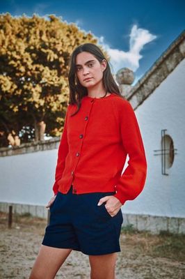 GABY Balloon-Sleeve Cardigan in Organic Cotton - Red