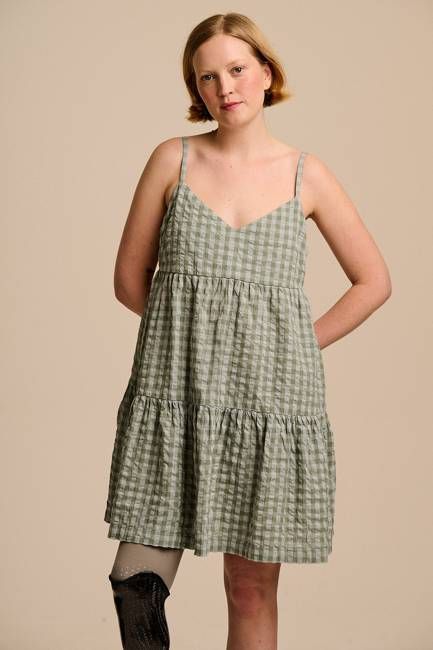 Mae - Cotton Mini Dress in Green Gingham