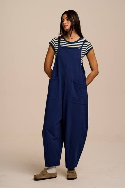 Oaxaca - Cotton Jersey Barrel Leg Dungarees in Navy