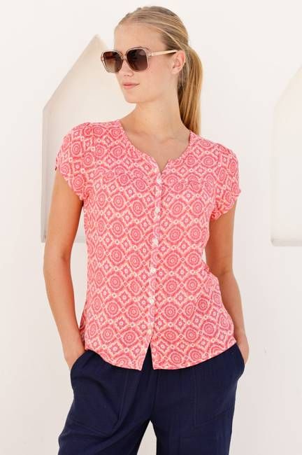 Lisbon Viscose Crinkle Blouse | Flower Tile Coral/Pink