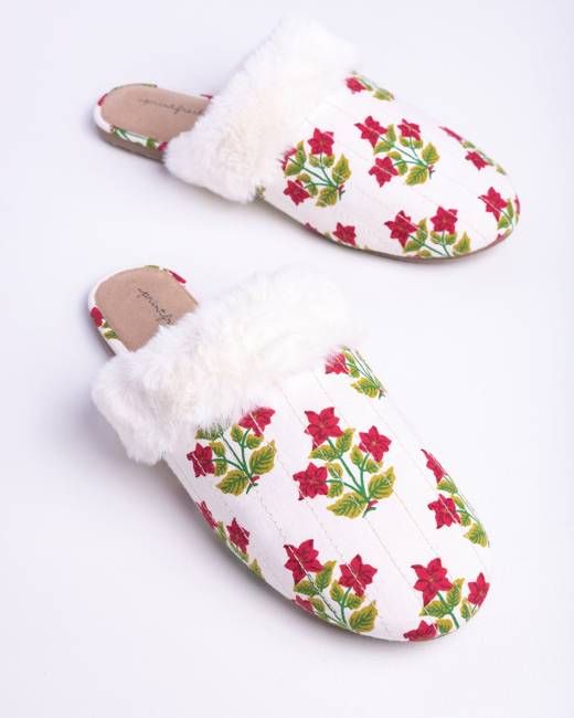 Pretty in Poinsettia - Quilted Faux Fur Slippers - Cream