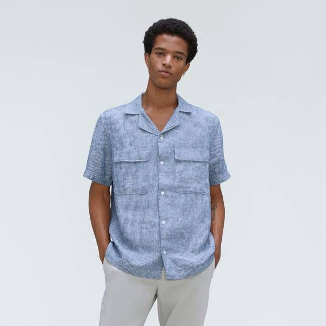 The Resort Shirt in Linen | Blue / White Pinstripe