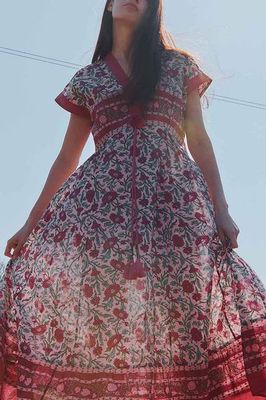 East Lessi Hand-Woodblock Border Print Dress Red