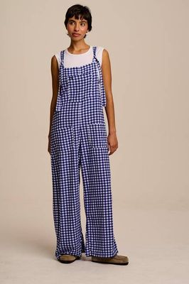 Arlo - Cotton & Viscose Wide Leg Dungarees in Blue Gingham Check