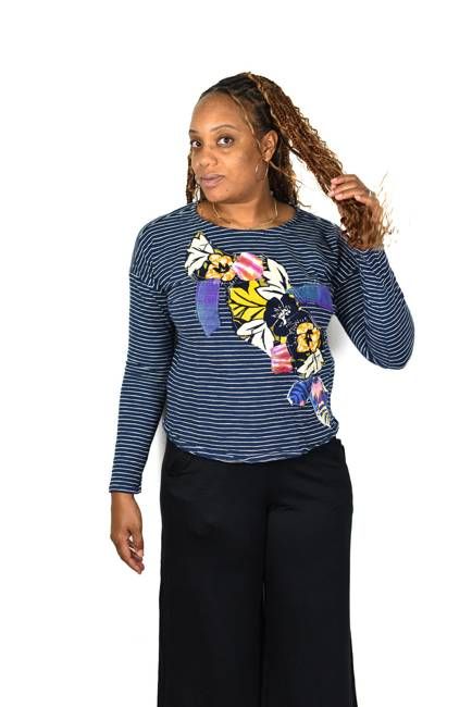Constance Wilde Upcycled Flower Patch 3/4 Sleeve Navy Top