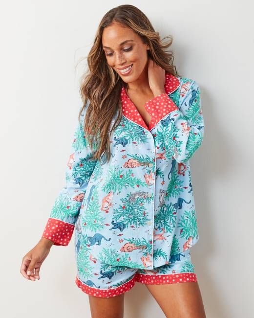 Frisky Firs - Lightweight Flannel Long Sleeve Top & Shorts Set - Twinkling Blue