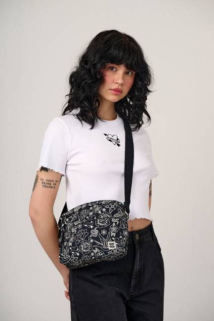 Dara - Cotton Crossbody Bag in Black & White Tattoo