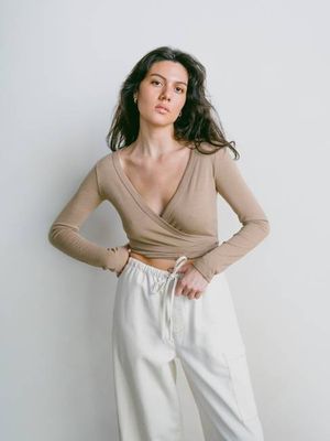 Dance Wrap Top, Regen Silk Noil Jersey, Tea