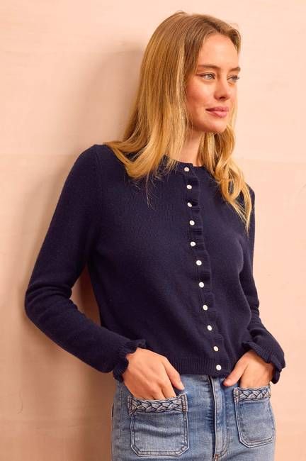 Merino Wool Frill Cardigan | Navy