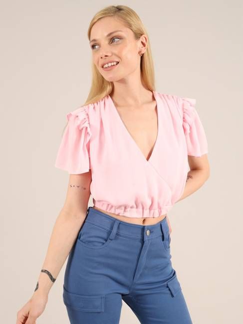 Wildflower Surplice Crop Top, Upcycled Polyester, in Pink