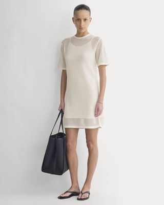 Mesh-Knit Short-Sleeve Dress | Bone