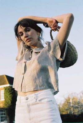 Frances Linen Cropped Blouse  - Fawn Gingham