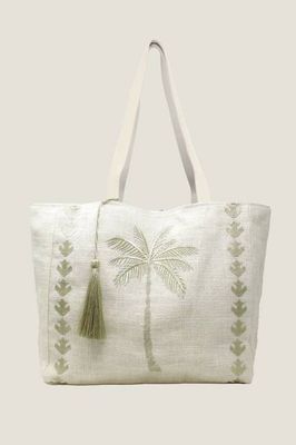 Palm Tree Jute Strandtasche | Weiß/Hellgold