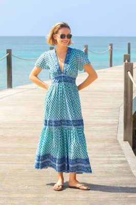 Pippa Short Sleeve Organic Cotton Block Print Dress | Buti Turquoise/Blue