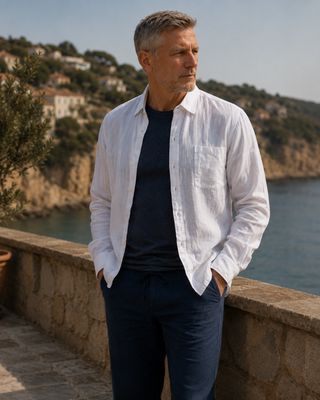 Men's Long Sleeve Linen Shirt in Off White