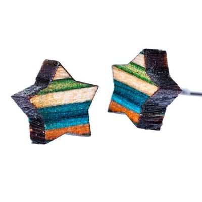 Star Recycled Skateboard Wooden Stud Earrings