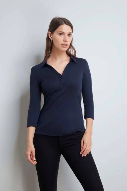 3/4 Sleeve Collared Cotton Modal Blend T-Shirt