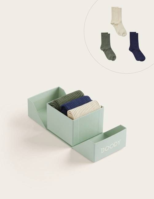 3-Pack Giftbox - Ribbed Crew Socks - Moss, Navy, Oatmeal