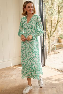 Long Sleeve Sally Anne Dress | Clematis Vines Green/Ivory