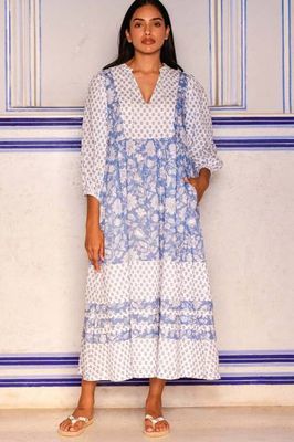 Martha Organic Cotton Print Mix Dress | Blossom Print Blue/White