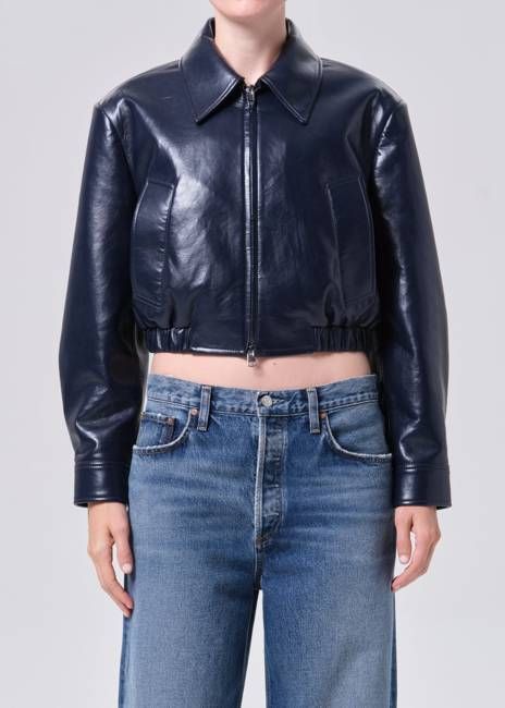 Nahla Cropped Jacket (Recycled Leather) in Navy