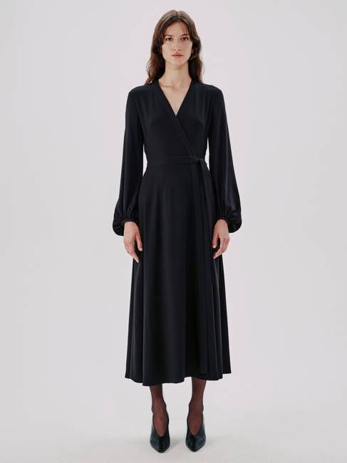 Lantern Sleeve Wrap Dress | Black