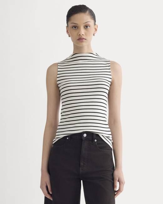 The Luxe Rib Funnel-Neck Tank | Bone / Black