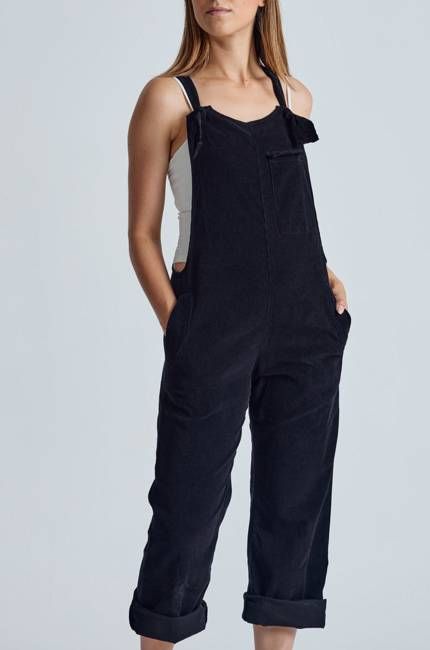 Black Babycord Mary-Lou Pocket Dungaree - GOTS Certified Organic Cotton and Elastane