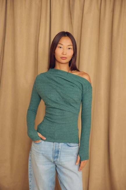 Cossac Teal Wool Drape Top with Thumb Holes