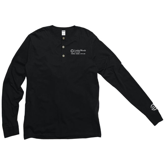Linden Woods Village Unisex Black Long Sleeve Cotton Henley Tee