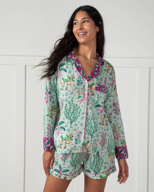 Camel's Courtyard - Eco Satin Long Sleeve Top and Shorts Set - Avocado