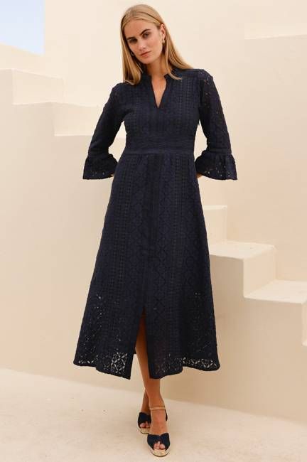 Thea Cotton Blend Lace Dress | Navy