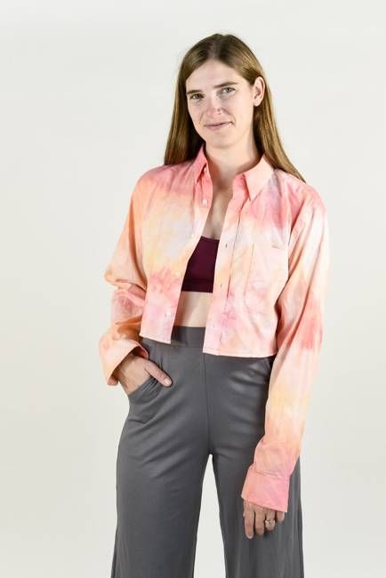 Cropped Button Up Tie-Dyed Upcycled Long Sleeve Shirt