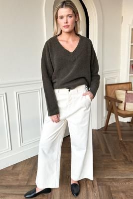 Boxy V Neck Sweater - Olive Wool