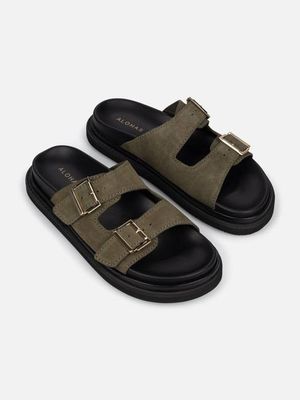 Alohas Buckle Strap Suede Khaki Sandal - Khaki