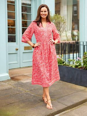Cindy Kimono Sleeve Midi Dress - Red & Ecru Paisley Print