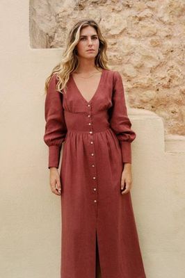 arkitaip Gertrude Linen Maxi Dress in terracotta