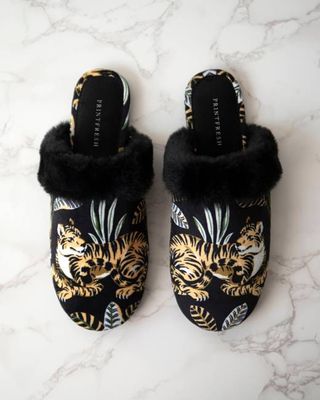 Untamed Tiger - Velvet Faux-Fur Slippers - Gold Ink