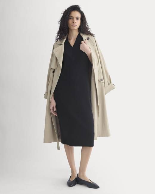 Relaxed V-Neck Midi Sweater Dress in Cotton Merino | Black