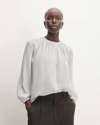The Washable Clean Silk Shirred Blouse | Bone / Black Polka Dot