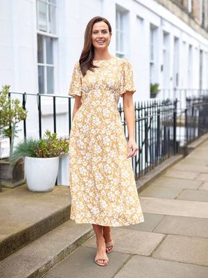 Rupali Angel Sleeve Tea Dress - Mustard & Ecru Floral Print
